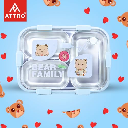Attro Bento 3 Deluxe Lunch Box with Inner Stainless Steel & Secure Lock Cute Eye Catchy Design Food Grade, Leakproof, Vacuum Seal Design Use for School Kids & Outdoor- 750ml Blue - Image 2