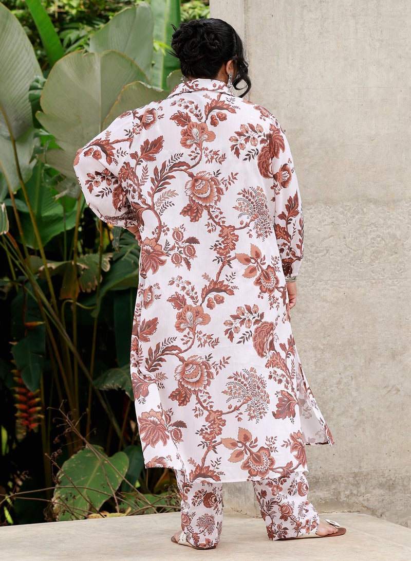 Instafab Plus Women's Floral-Folk Imprint Co-Ord Set For Ethnic Wear | Notch Collar, Balloon Sleeves | Floral Print Woven Fabric | 3 Piece Co-Ords Designed For Casual & Evening Wear | Chocolate Brown - Image 5