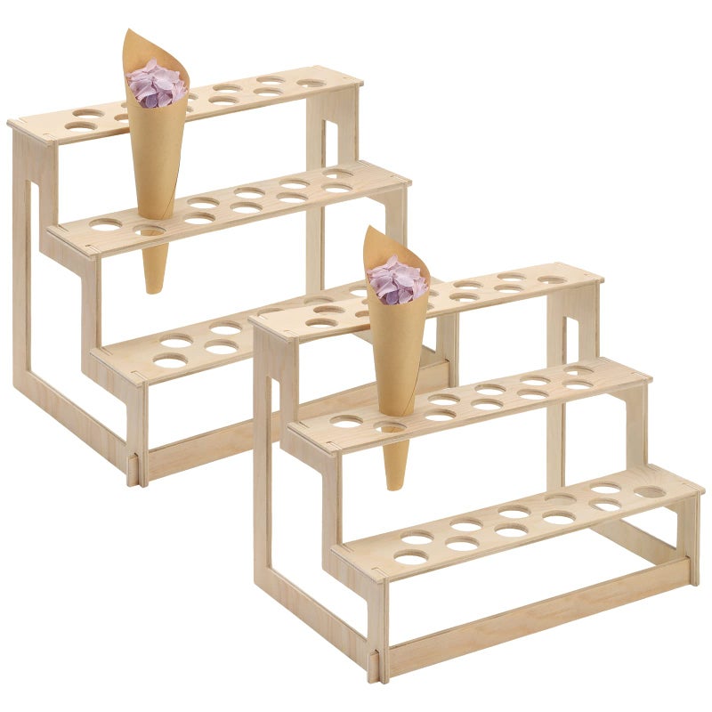 حامل مخروط الآيس كريم Queekay 2 قطعة مع 33 فتحة حامل مخروط خشبي لعرض الوافل في حفلات الطعام والمناسبات مثل أعياد الميلاد وحفلات الزفاف