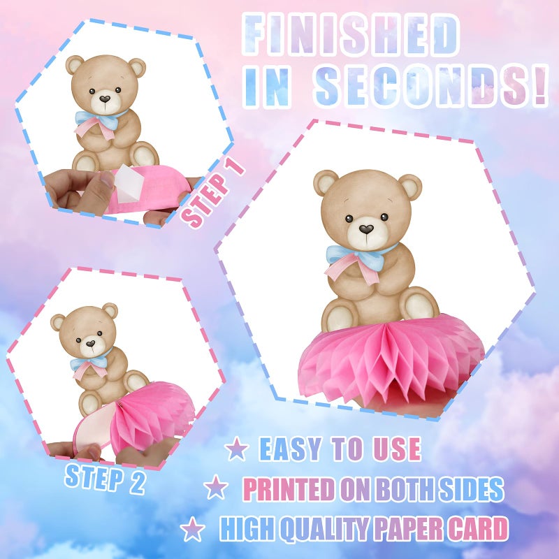 Outego Gender Reveal Party Decorations, Blue Pink Bear Honeycomb Centerpieces, Baby Shower Table Decorations, What Will Baby Be Bear Theme Party Supplies - Image 3