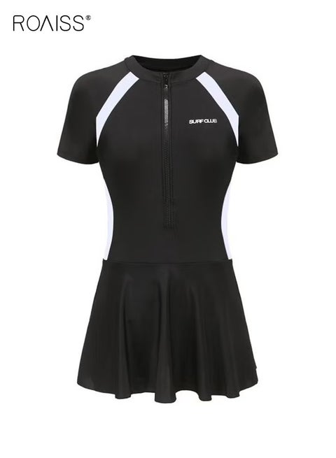Women's Swimsuit Short Sleeved Zippered One Piece Sport Swimwear Dress Faux Two Piece Design Quick Drying Fabric Moisture Wicking and Breathable Provides Coverage and Modesty Without Being Revealing