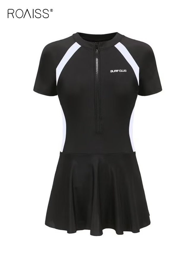 roaiss Women's Swimsuit Short Sleeved Zippered One Piece Sport Swimwear Dress Faux Two Piece Design Quick Drying Fabric Moisture Wicking and Breathable Provides Coverage and Modesty Without Being Revealing  - Image 1
