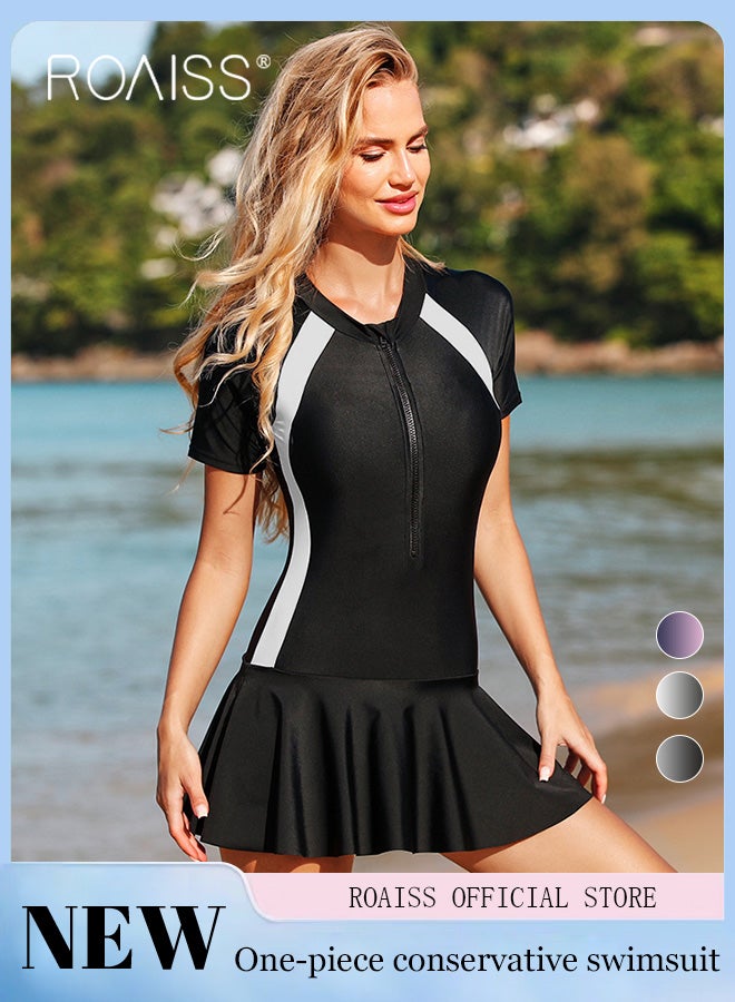 roaiss Women's Swimsuit Short Sleeved Zippered One Piece Sport Swimwear Dress Faux Two Piece Design Quick Drying Fabric Moisture Wicking and Breathable Provides Coverage and Modesty Without Being Revealing  - Image 2