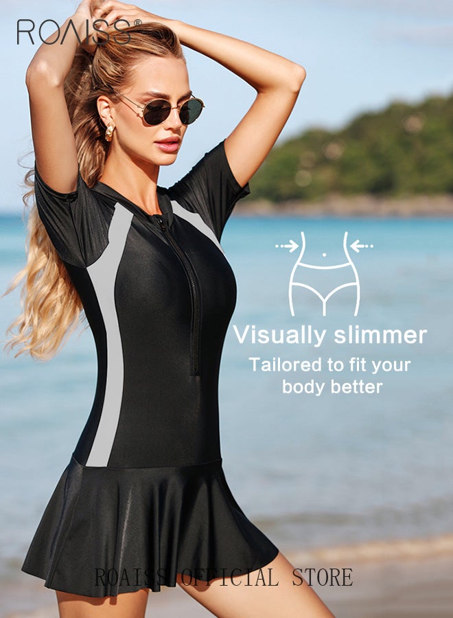 roaiss Women's Swimsuit Short Sleeved Zippered One Piece Sport Swimwear Dress Faux Two Piece Design Quick Drying Fabric Moisture Wicking and Breathable Provides Coverage and Modesty Without Being Revealing  - Image 5