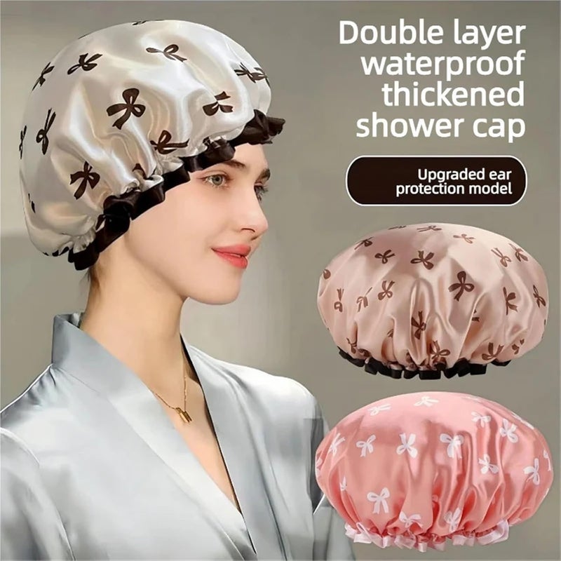 Double Layer Shower Cap Waterproof Reusable Printed Bath Hair Bonnet for Women Travel Salon(WHITE) - Image 2
