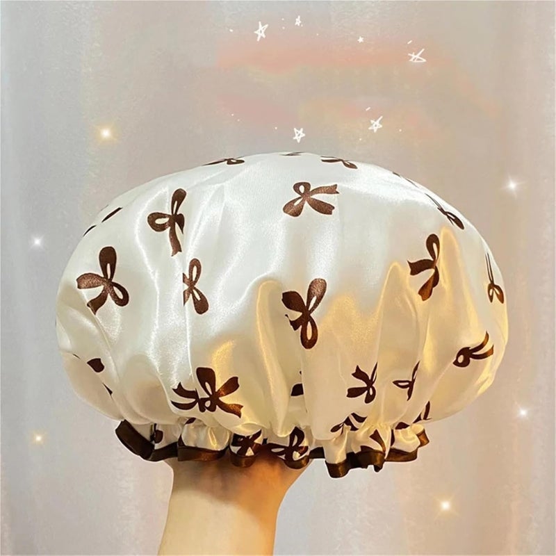 Double Layer Shower Cap Waterproof Reusable Printed Bath Hair Bonnet for Women Travel Salon(WHITE) - Image 3