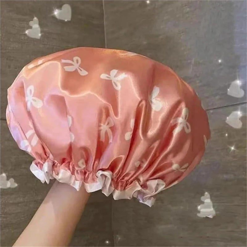 Double Layer Shower Cap Waterproof Reusable Printed Bath Hair Bonnet for Women Travel Salon(WHITE) - Image 4