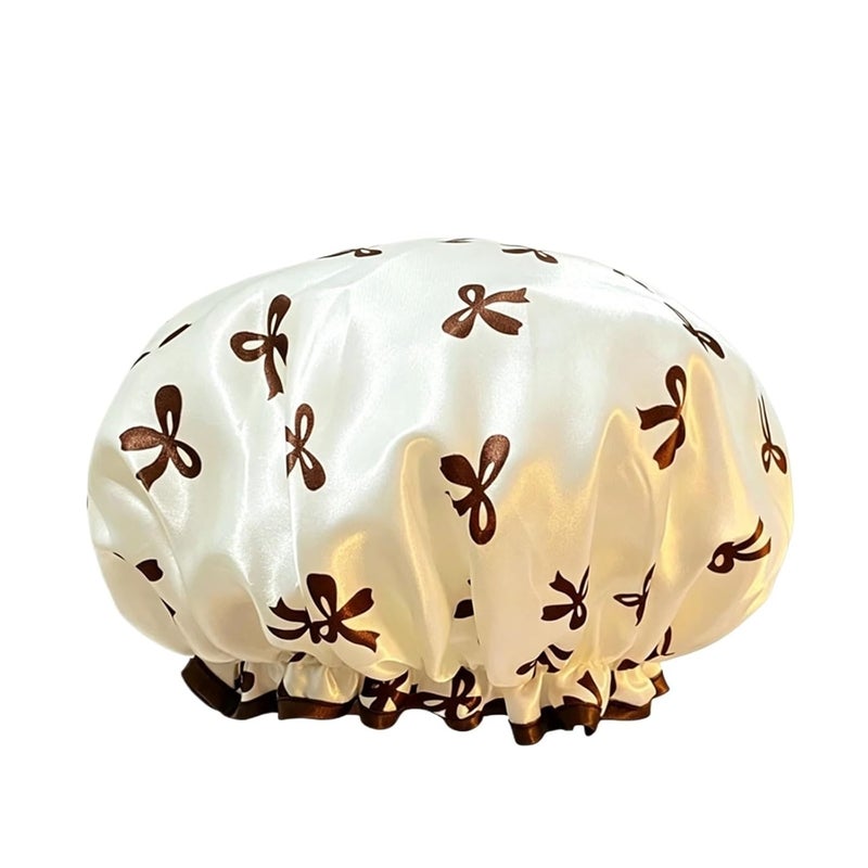 Double Layer Shower Cap Waterproof Reusable Printed Bath Hair Bonnet for Women Travel Salon(WHITE) - Image 1