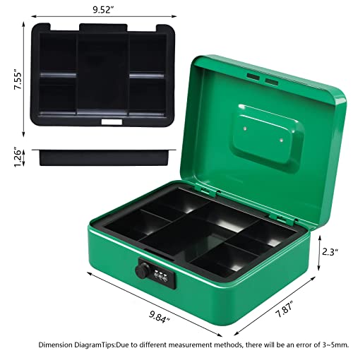 KYODOLED Large Cash Box with Combination Lock,Safe Metal Box for Money, Storage Lock Box with Money Tray,9.84"x 7.87"x 3.54" Green Large - Image 5