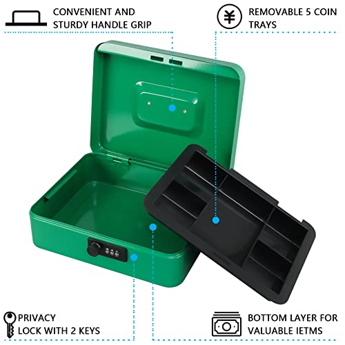 KYODOLED Large Cash Box with Combination Lock,Safe Metal Box for Money, Storage Lock Box with Money Tray,9.84"x 7.87"x 3.54" Green Large - Image 3