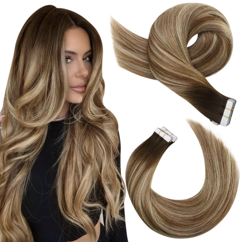 Moresoo Balayage Hair Extensions Tape in Real Human Hair Tape in Extensions Ombre Dark Brown to Medium Brown Mix with Blonde Tape in Hair Extensions Human Hair 20 Inch #4/6/613 20pcs 50g - Image 1
