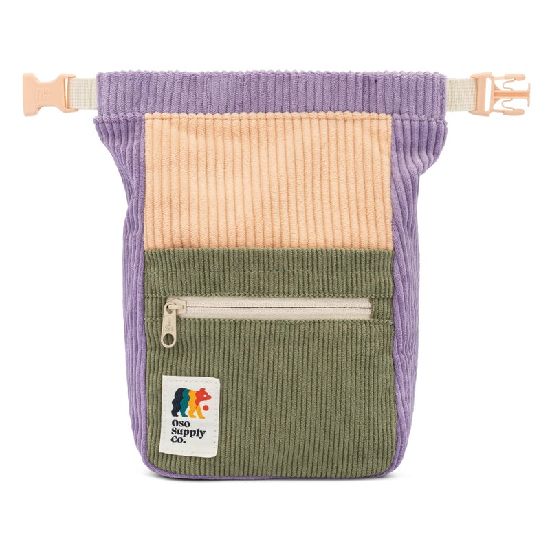 Oso Supply Co Retro Corduroy Bouldering Bucket Large Size Freestanding Chalk Bag for Rock Climbing Magnetic Roll Down Closure Dual Brush Loops Zippered Pockets and Pouch Sage and Lavender - Image 2