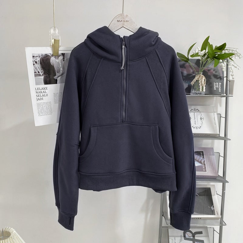 Generic Lulu Half-high Collar Sweater Casual Womens Autumn and Winter New Casual fleece-lined Womens Pullover Top Half-zipper Short Coat Black-half zip hooded