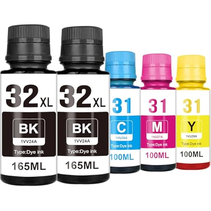 32 XL BLACK INK 31 INK FOR HP PRINTERS COMPATIBLE WITH HP 31 32XL INK BOTTLE SET WITH HP SMARTTANK 6001 7602 5101 7301 5000 PRINTER (5 BOTTLES, 165 ML 32XL BLACK INK, 95ML 31 CMY) - Image 1