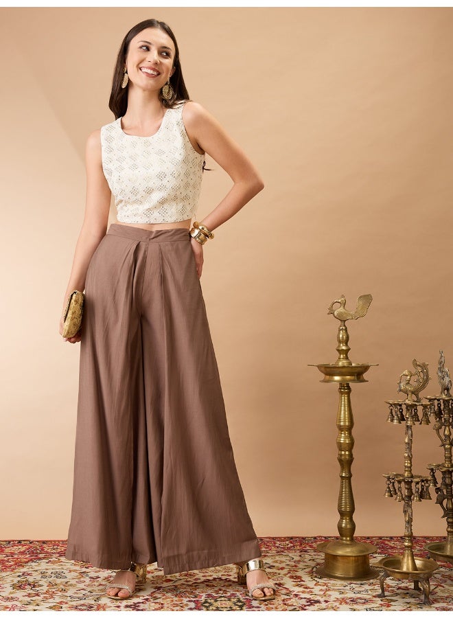 globus Women Taupe Solid Mid-Rise Pleated Wide Leg Flared Fusion Trousers - Image 1