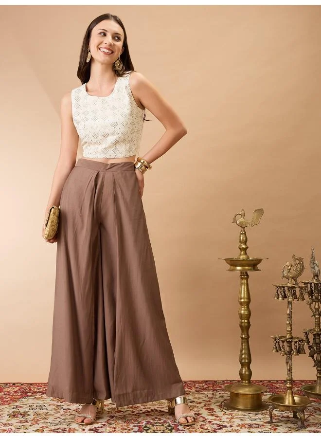 globus Globus Women Taupe Solid Mid-Rise Pleated Wide Leg Flared Fusion Trousers
