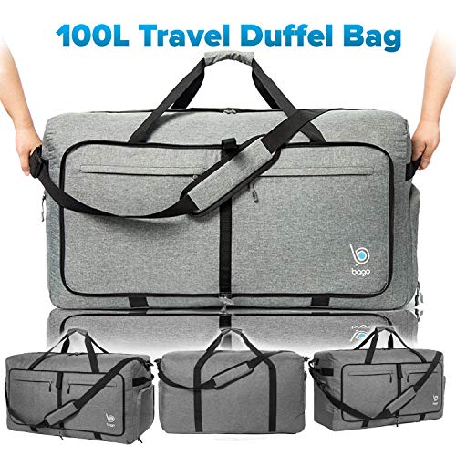 Bago Large Foldable Duffel Bags for Traveling Women & Men - 100L Packable Duffle Bag for Travel with Shoe Compartment - Water Repellant, Heavy Duty, Lightweight Folding & Collapsible (SnowGray) - Image 5