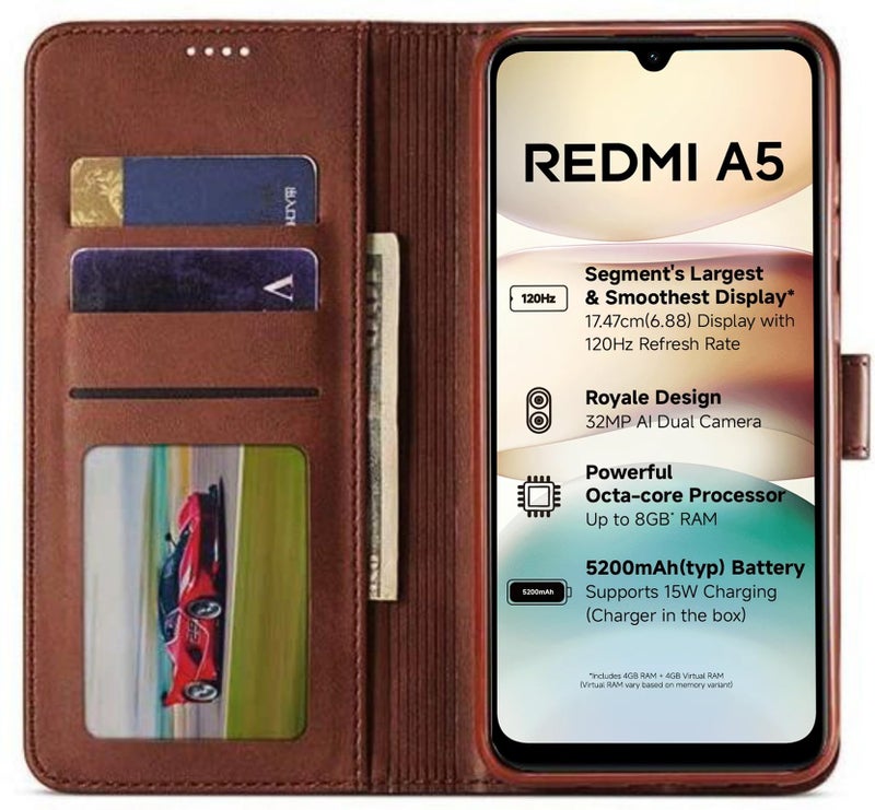 SHINESTAR Poco C71 / Redmi A5 Flip Back Cover | PU Leather Flip Cover Wallet Case with TPU Silicone Case Back Cover for Poco C71 / Redmi A5 - Classic Brown - Image 3