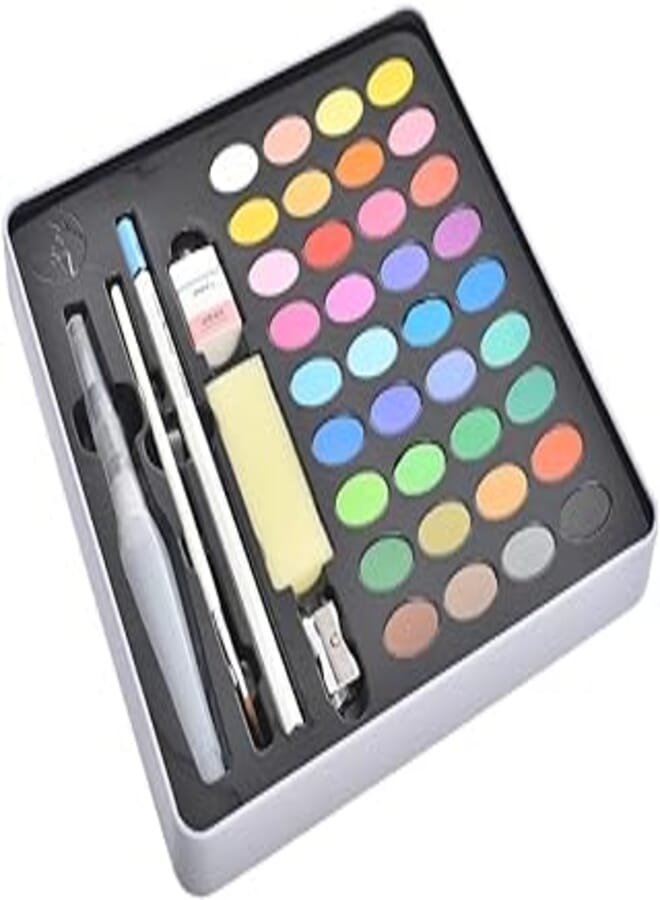Maries RCA3136F Solid Watercolor Paint Set & Pigments of 36 Colors (Wooden Pencil, Metal Sharpener, Eraser, Paint Brush, Brush Pen, Sponge, Watercolor Papers) - Multi Color