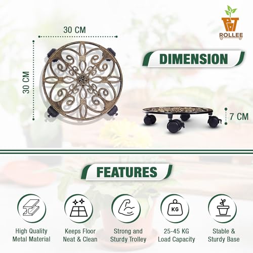 Sharpex Pack of 1 Metal Caddy Iron Dolly with Pre-Installed Wheels – Rustproof, Sturdy Plant Stand/Trolley with Locking Wheels for Indoor & Outdoor Use (Gold) - Image 2