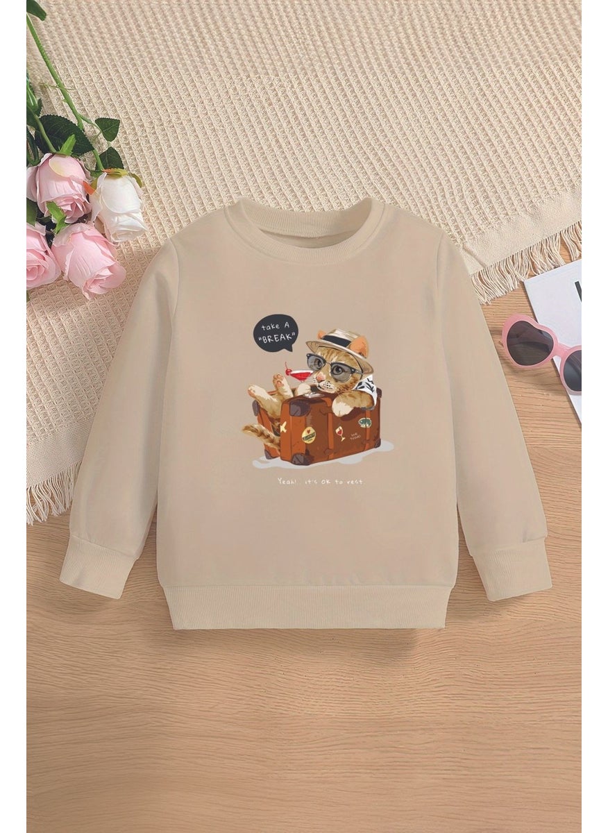 Myada New Season Vacationer Kitten Printed Oversize Hooded Kids Sweatshirt 14645  - Image 1