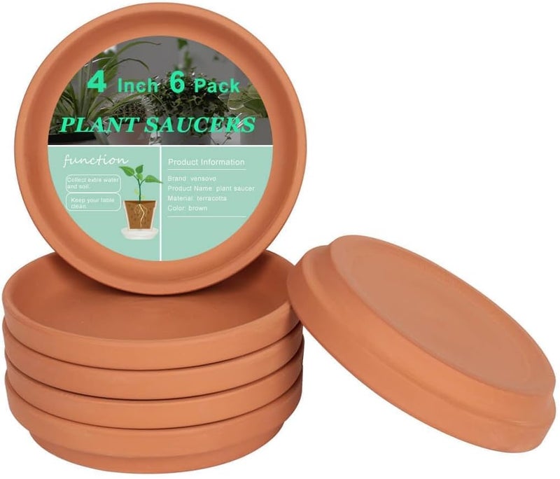 vensovo 4 Inch Terracotta Plant Saucer Pots Tray - 6 Pcs Round Planter Saucers for Indoor & Outdoor Plants, Small Clay Trays Perfect for 3 Inch 3.5 Inch 4 Inch Flower Pot - Image 1