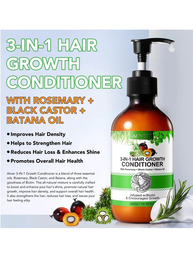 ALIVER 300ml 3 In 1 Hair Growth Conditioner with Rosemary Black Castor and Batana Oil Strengthen Hair Improve Hair Density Reduce Hair Loss Enhance Shine & Promote Hair Growth Biotin Conditioner - Image 3