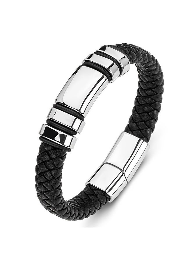 yongsheng 2pcs Braided Button Bracelet，Leather Bracelet for Men Braided Cuff Wristband Clasp in Silver and Gold Jewellery  - Image 1