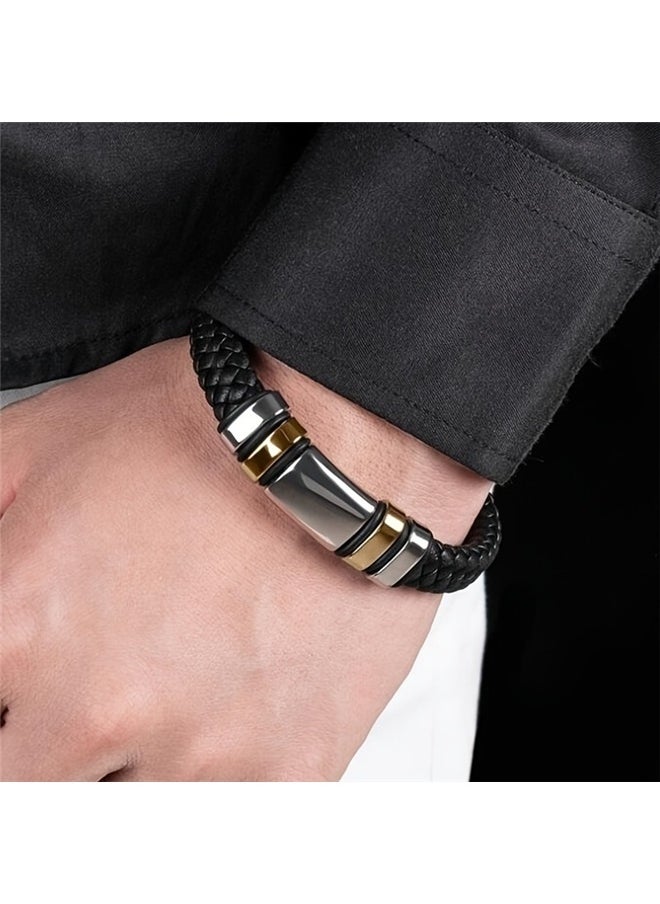 yongsheng 2pcs Braided Button Bracelet，Leather Bracelet for Men Braided Cuff Wristband Clasp in Silver and Gold Jewellery  - Image 5