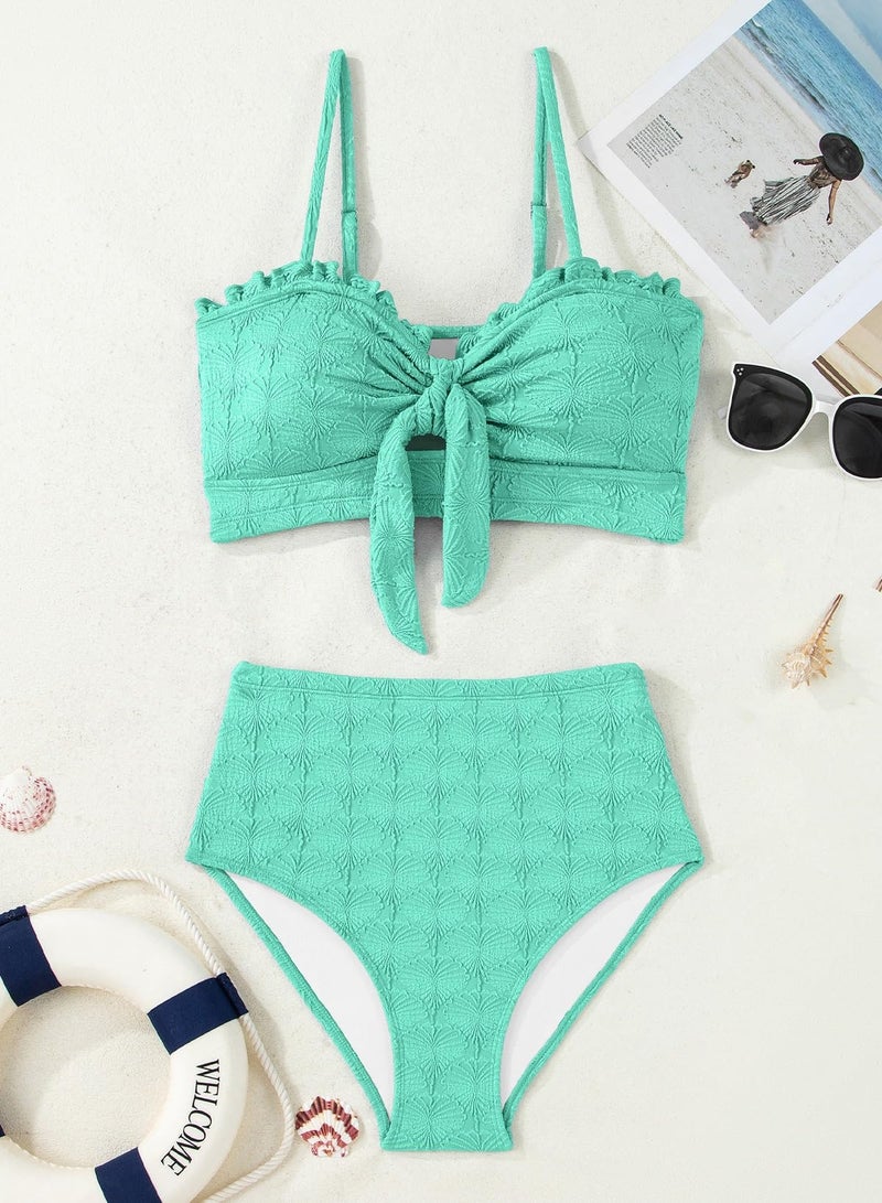 Herseas Women's Seashell Textured Bikini Sets Tie Front Swimsuits Stretchy Adjustable Straps Padded Push Up Bathing Suits Beach Turquoise Vacation Essentials 2026 X-Large - Image 3