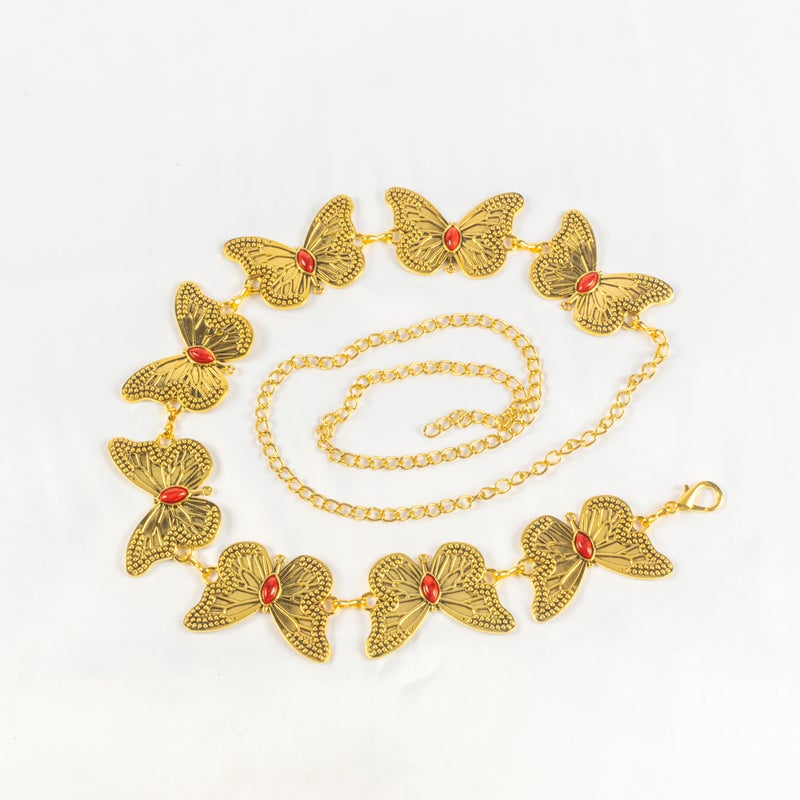 حزام وسط معدن حريمي ذهبي شكل فراشة مرصعة بحجر أحمر - Image 1