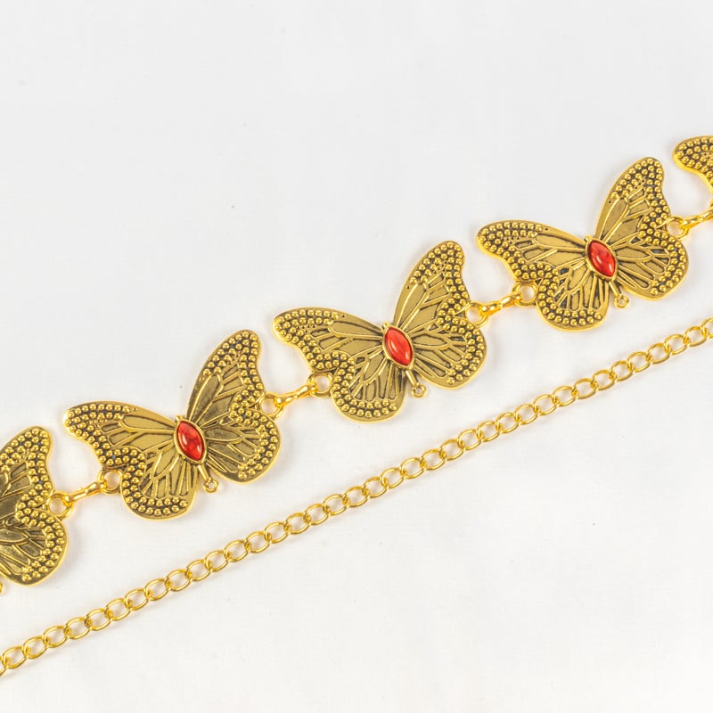 حزام وسط معدن حريمي ذهبي شكل فراشة مرصعة بحجر أحمر - Image 2
