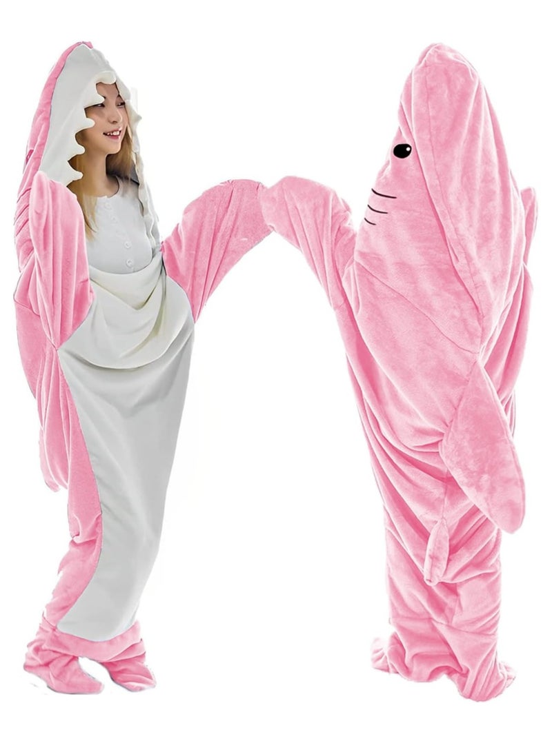 Cartoon One Piece Shark Sleeping Bag Flannel Blanket Shark Couple Lounge Clothes One Piece Pajamas For Adults and Children Wearable Shark Blanket Hoodie (Pink)