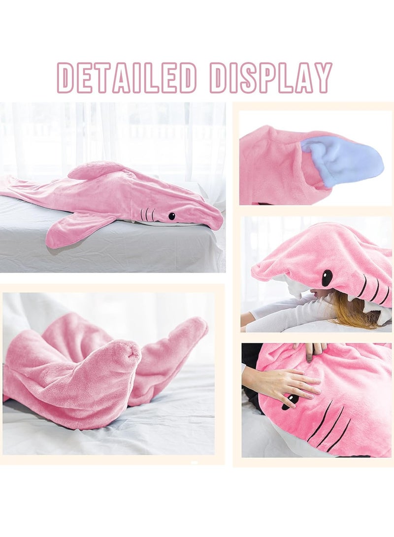 Cartoon One Piece Shark Sleeping Bag Flannel Blanket Shark Couple Lounge Clothes One Piece Pajamas For Adults and Children Wearable Shark Blanket Hoodie (Pink)