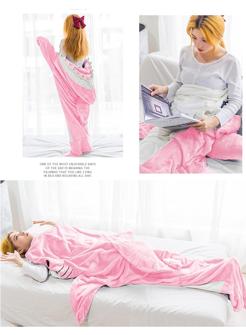 Cartoon One Piece Shark Sleeping Bag Flannel Blanket Shark Couple Lounge Clothes One Piece Pajamas For Adults and Children Wearable Shark Blanket Hoodie (Pink)