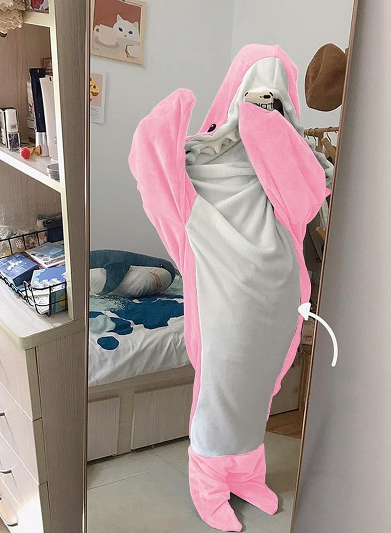 Cartoon One Piece Shark Sleeping Bag Flannel Blanket Shark Couple Lounge Clothes One Piece Pajamas For Adults and Children Wearable Shark Blanket Hoodie (Pink)