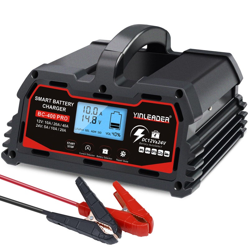 Yinleader Battery Charger 40A  12V/24V Lead Acid Smart Battery Charger  12V Lifepo4 Car Battery Trickle Charger  Automatic Battery Maintainer For Car Motorcycle Lawn Mower Marine Boat Lead Acid Batteries - Image 1