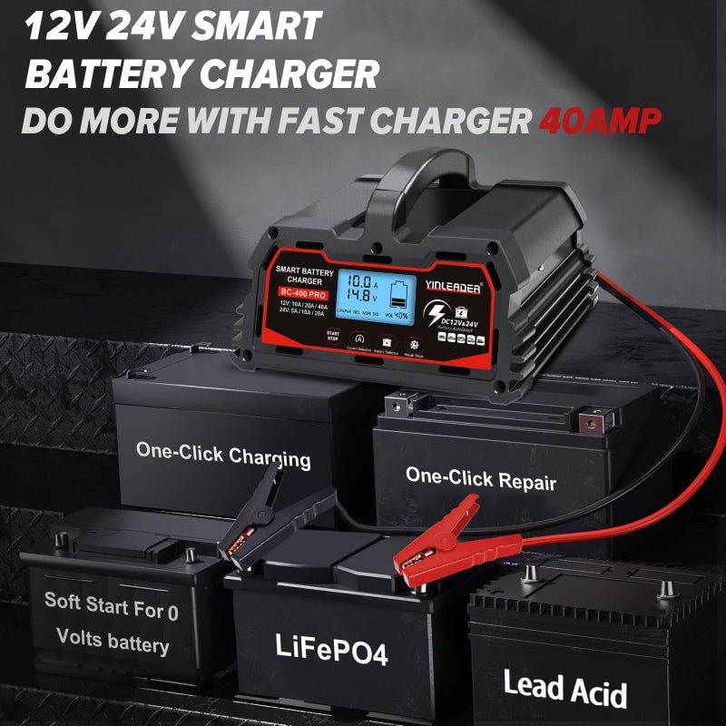 Yinleader Battery Charger 40A  12V/24V Lead Acid Smart Battery Charger  12V Lifepo4 Car Battery Trickle Charger  Automatic Battery Maintainer For Car Motorcycle Lawn Mower Marine Boat Lead Acid Batteries - Image 2