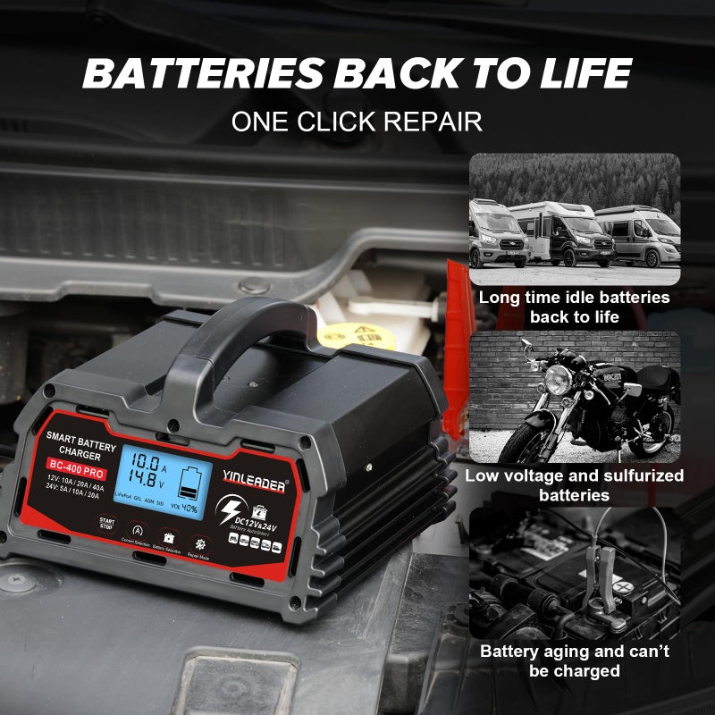 Yinleader Battery Charger 40A  12V/24V Lead Acid Smart Battery Charger  12V Lifepo4 Car Battery Trickle Charger  Automatic Battery Maintainer For Car Motorcycle Lawn Mower Marine Boat Lead Acid Batteries - Image 4