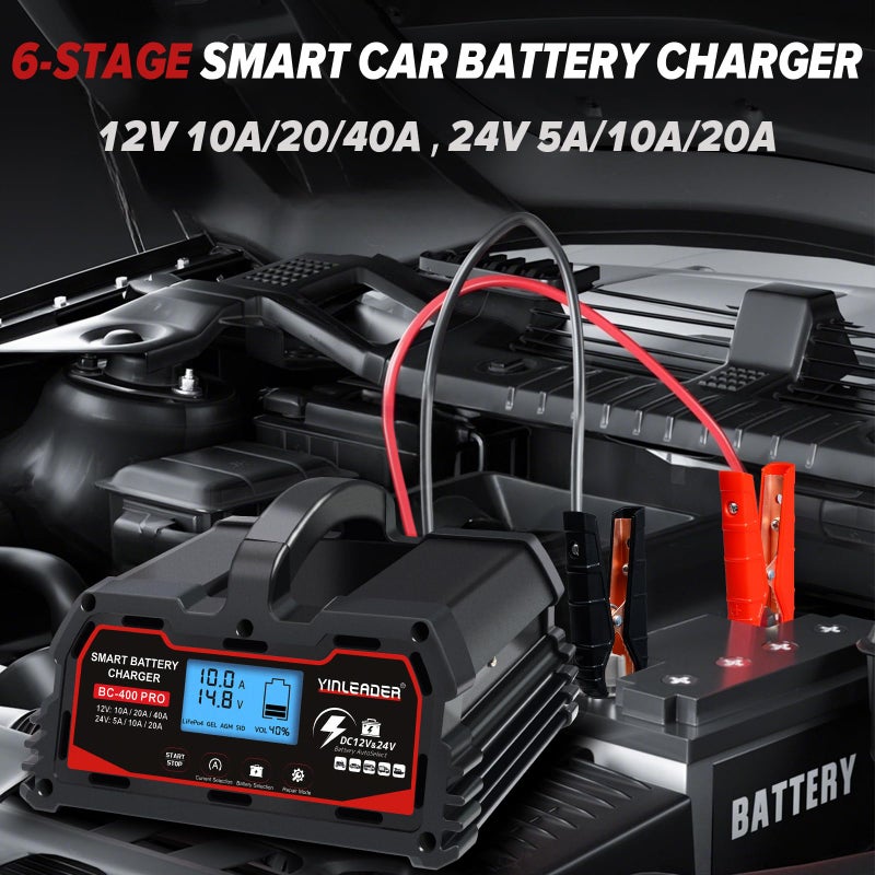Yinleader Battery Charger 40A  12V/24V Lead Acid Smart Battery Charger  12V Lifepo4 Car Battery Trickle Charger  Automatic Battery Maintainer For Car Motorcycle Lawn Mower Marine Boat Lead Acid Batteries - Image 3