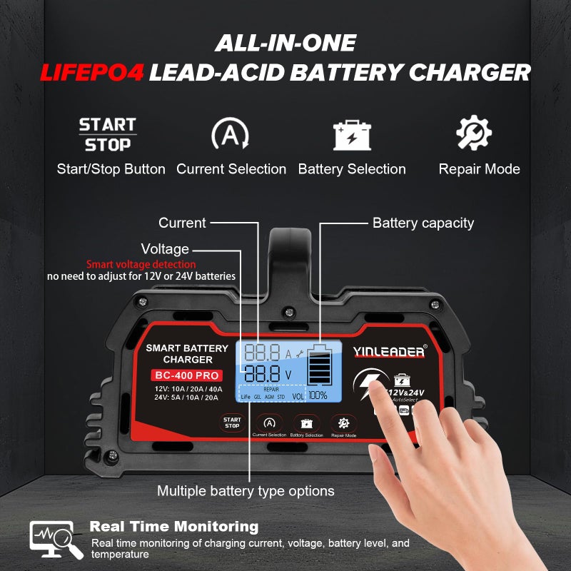 Yinleader Battery Charger 40A  12V/24V Lead Acid Smart Battery Charger  12V Lifepo4 Car Battery Trickle Charger  Automatic Battery Maintainer For Car Motorcycle Lawn Mower Marine Boat Lead Acid Batteries - Image 5