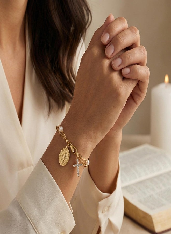 Bmpzery Double Layer Rosary Bracelet for Women, Gold Tone Beaded Cross Chain with Charm, Adjustable Catholic Religious Jewelry Gift for Confirmation Baptism First Communion - Image 2