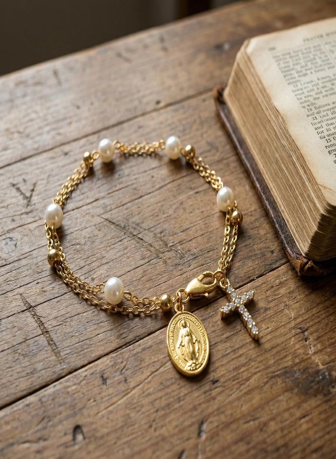 Bmpzery Double Layer Rosary Bracelet for Women, Gold Tone Beaded Cross Chain with Charm, Adjustable Catholic Religious Jewelry Gift for Confirmation Baptism First Communion - Image 3