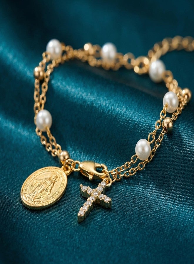 Bmpzery Double Layer Rosary Bracelet for Women, Gold Tone Beaded Cross Chain with Charm, Adjustable Catholic Religious Jewelry Gift for Confirmation Baptism First Communion - Image 5