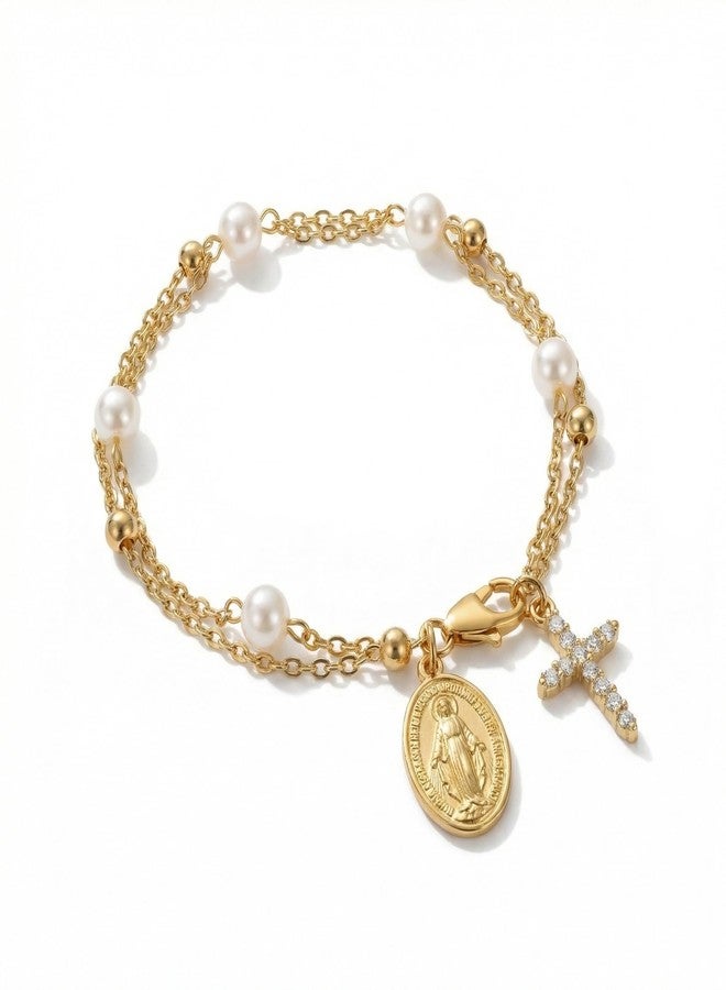 Bmpzery Double Layer Rosary Bracelet for Women, Gold Tone Beaded Cross Chain with Charm, Adjustable Catholic Religious Jewelry Gift for Confirmation Baptism First Communion - Image 1
