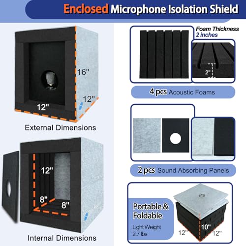 TroyStudio Enclosed Vocal Booth, Portable Microphone Isolation Shield, Foldable Reflection Filter with Acoustic Foam & Panels, Recording Sound Box Home Studio Equipment for Podcast Music Voice Over - Image 2