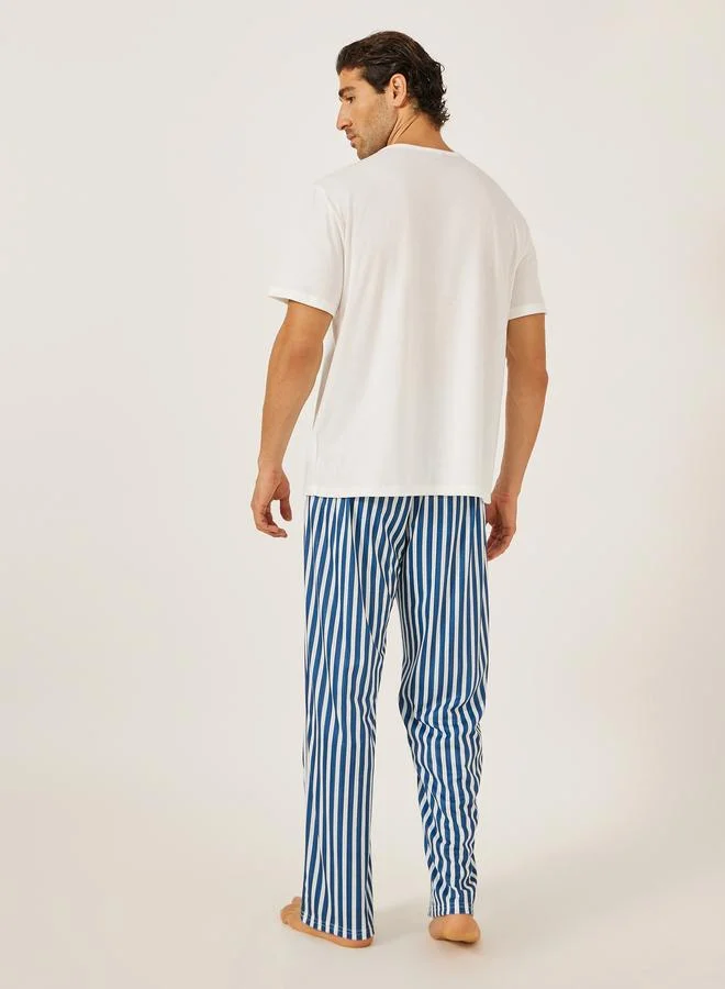 Styli Minimal Printed T-Shirt and Striped Badge Detail Pyjama Set