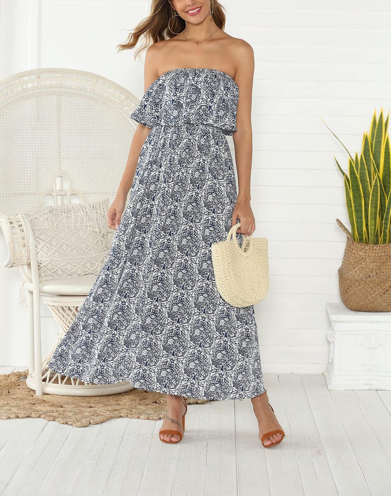 ZMPSIISA Women's Summer Off The Shoulder Maxi Dress Ruffle Strapless Blue White Porcelain Boho Casual Loose Long Dresses(A-Blue Porcelain,X-Large) - Image 2