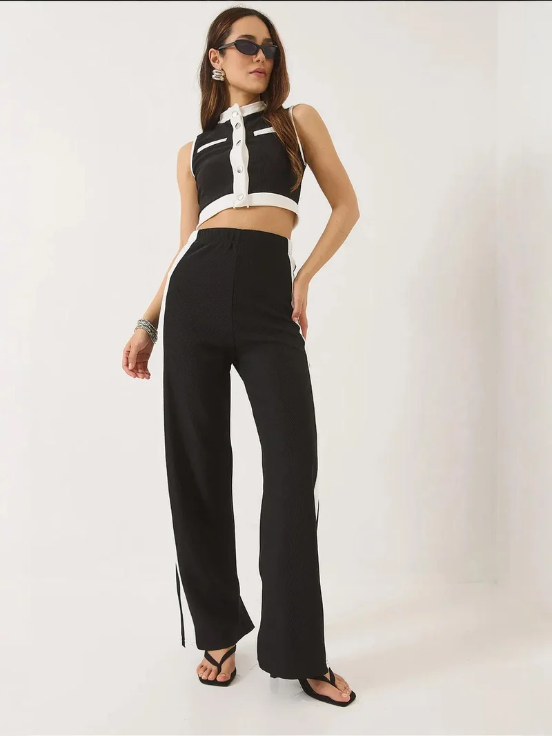 LUCCI Striped Button-Up Crop Top and Wide Leg Pants Set