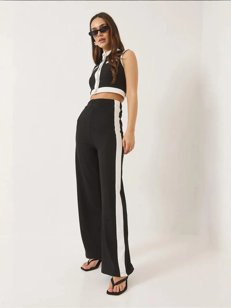 Bianco Lucci LUCCI Striped Button-Up Crop Top and Wide Leg Pants Set